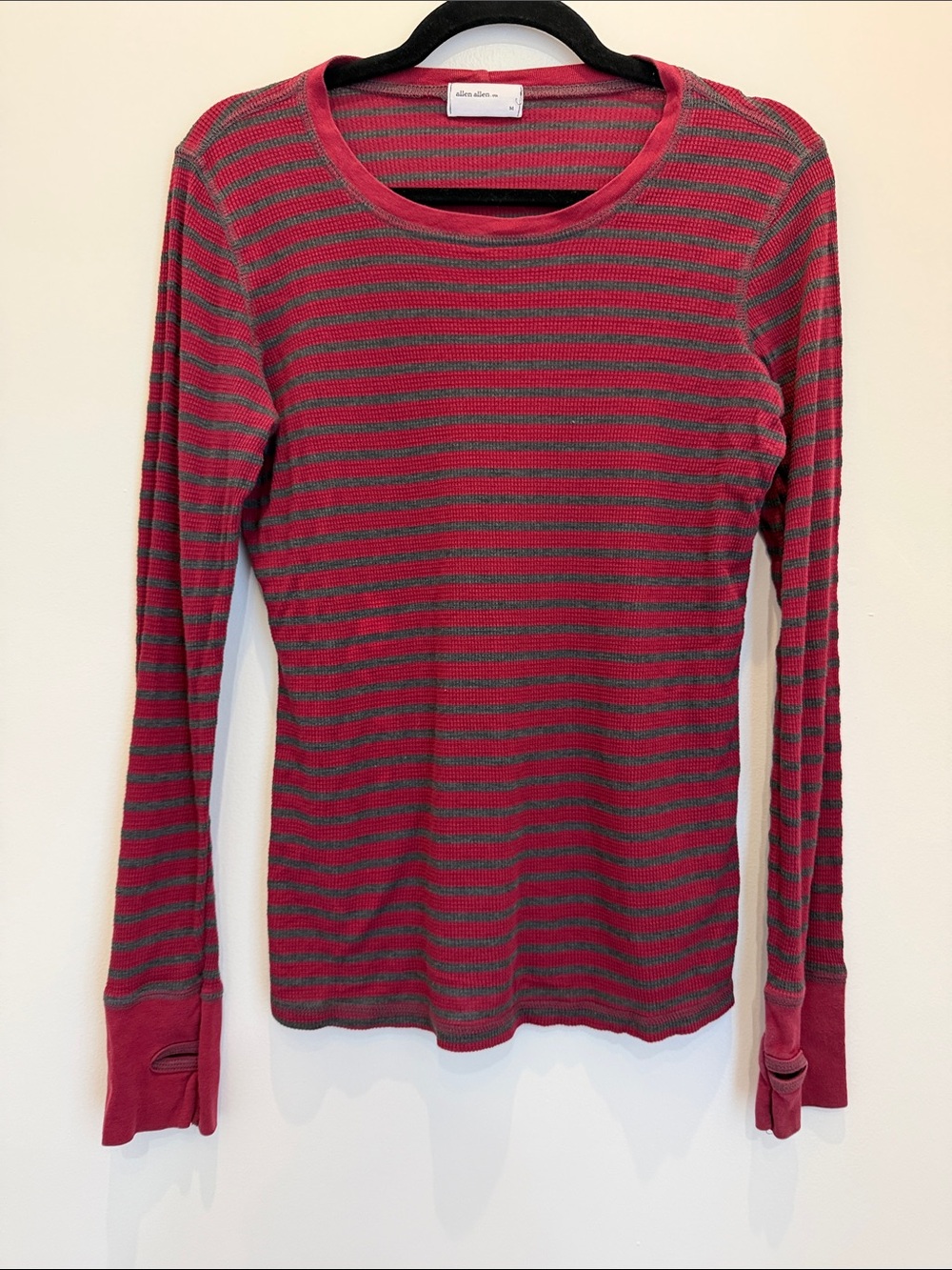 Allen Allen Red and Gray Striped Long-Sleeve Crewneck